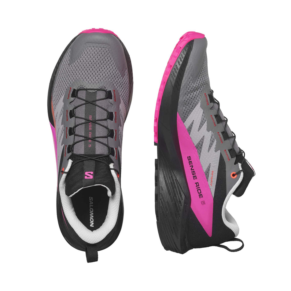 A pair of Salomon Men's Sense Ride 5 Running Shoes in the Plum Kitten/Black/Pink Glo colourway (7986267979938)