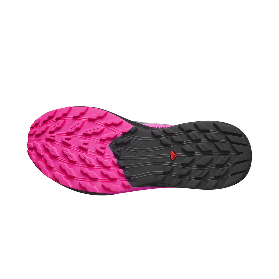 Outsole of the right shoe from a pair of Salomon Men's Sense Ride 5 Running Shoes in the Plum Kitten/Black/Pink Glo colourway (7986267979938)