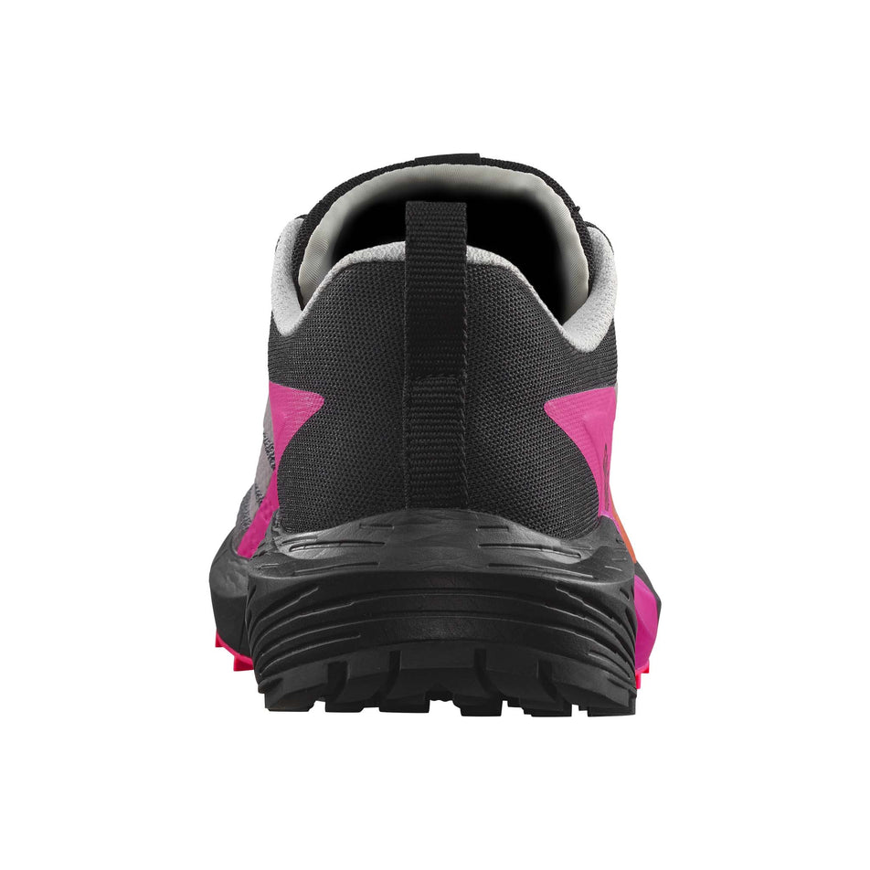 Back of the right shoe from a pair of Salomon Women's Sense Ride 5 Running Shoes in the Plum Kitten/Black/Pink Glo colourway (7986307924130)