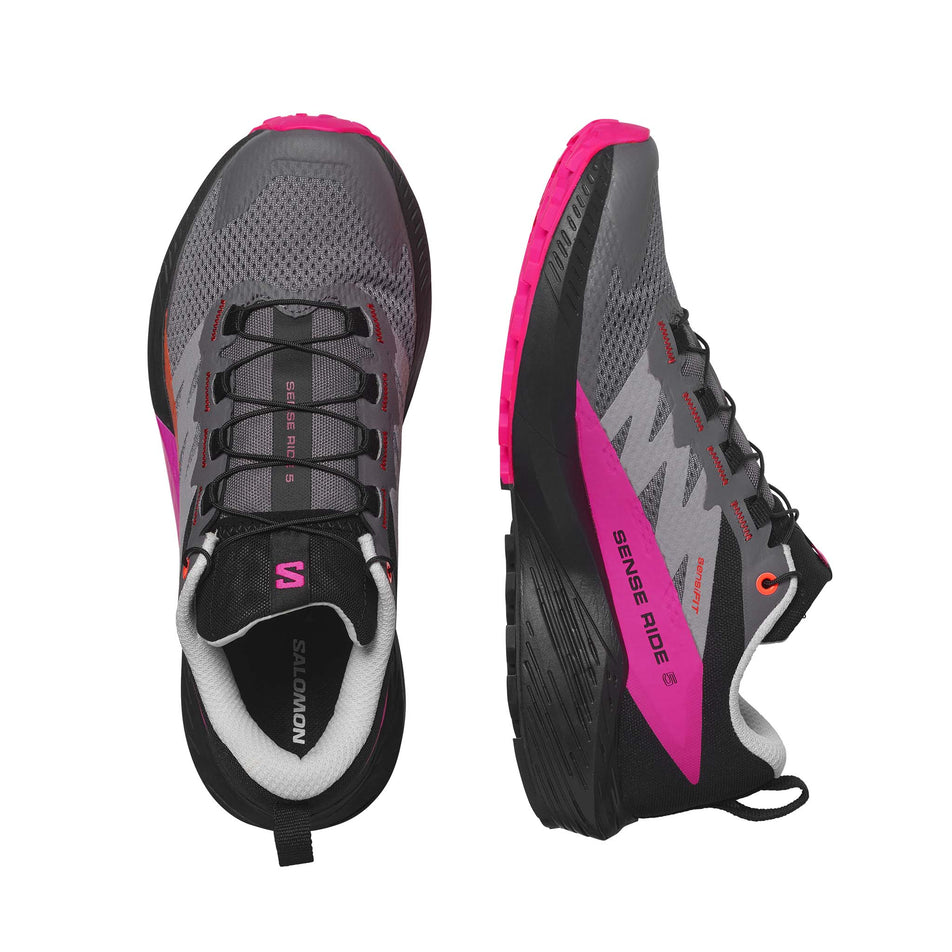 A pair of Salomon Women's Sense Ride 5 Running Shoes in the Plum Kitten/Black/Pink Glo colourway (7986307924130)