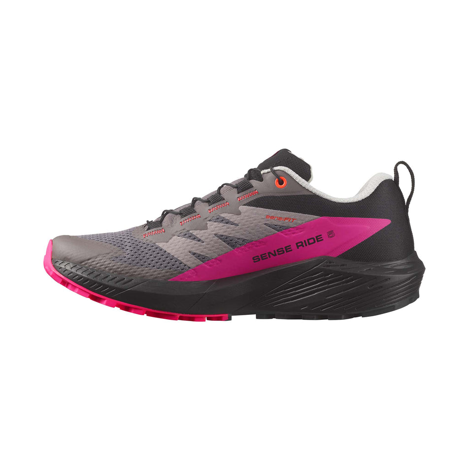 Medial side of the right shoe from a pair of Salomon Women's Sense Ride 5 Running Shoes in the Plum Kitten/Black/Pink Glo colourway (7986307924130)