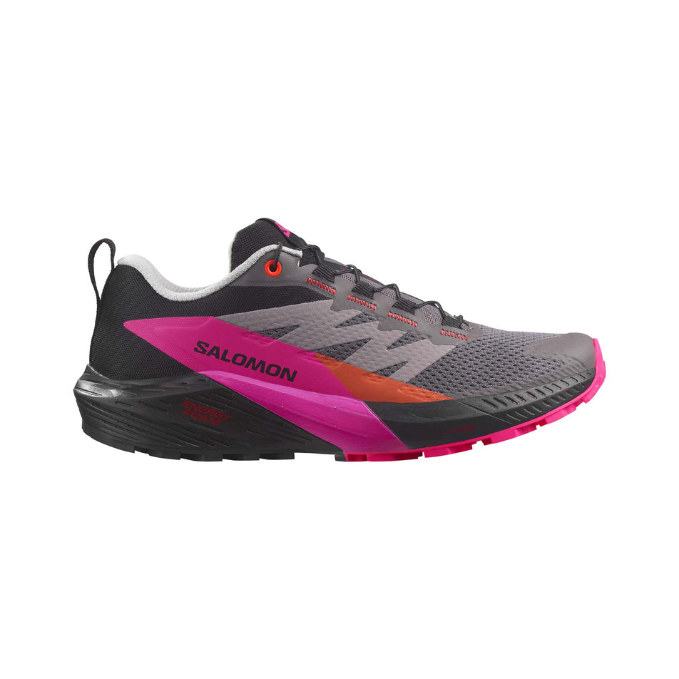 Lateral side of the right shoe from a pair of Salomon Women's Sense Ride 5 Running Shoes in the Plum Kitten/Black/Pink Glo colourway (7986307924130)