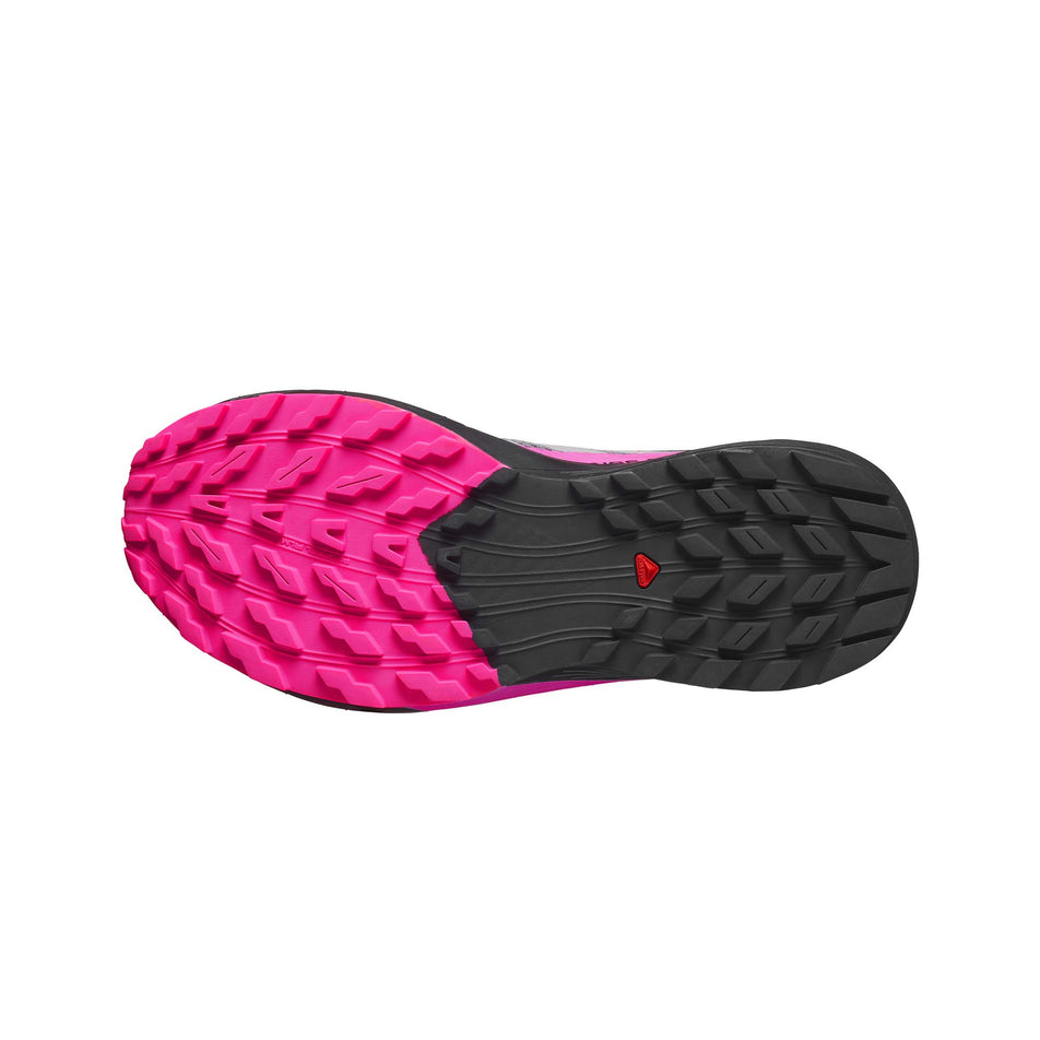 Outsole of the right shoe from a pair of Salomon Women's Sense Ride 5 Running Shoes in the Plum Kitten/Black/Pink Glo colourway (7986307924130)