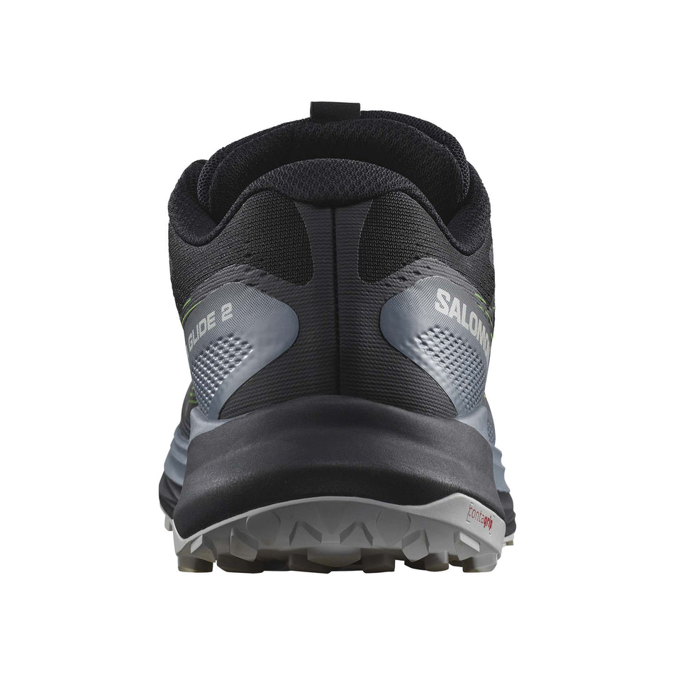 Back of the right shoe from a pair of Salomon Men's Ultra Glide 2 Trail Running Shoes in the Black/Flint Stone/Green Gecko colourway (8157912367266)