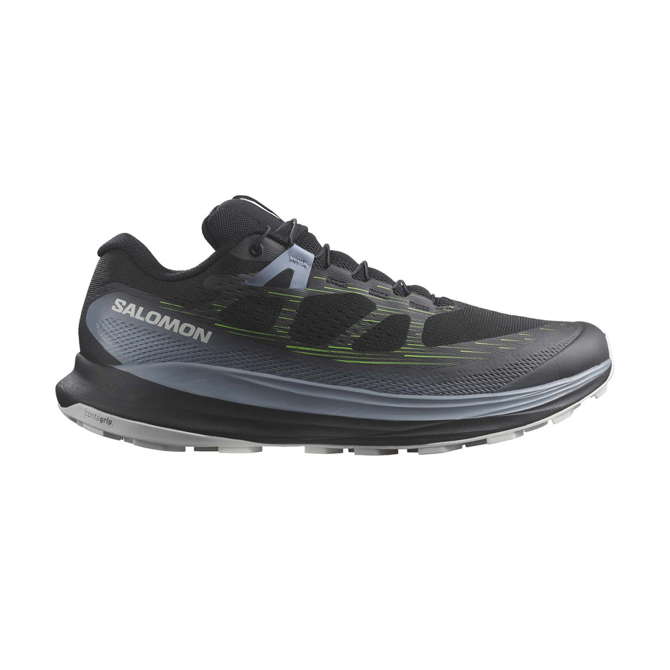 Lateral side of the right shoe from a pair of Salomon Men's Ultra Glide 2 Trail Running Shoes in the Black/Flint Stone/Green Gecko colourway (8157912367266)