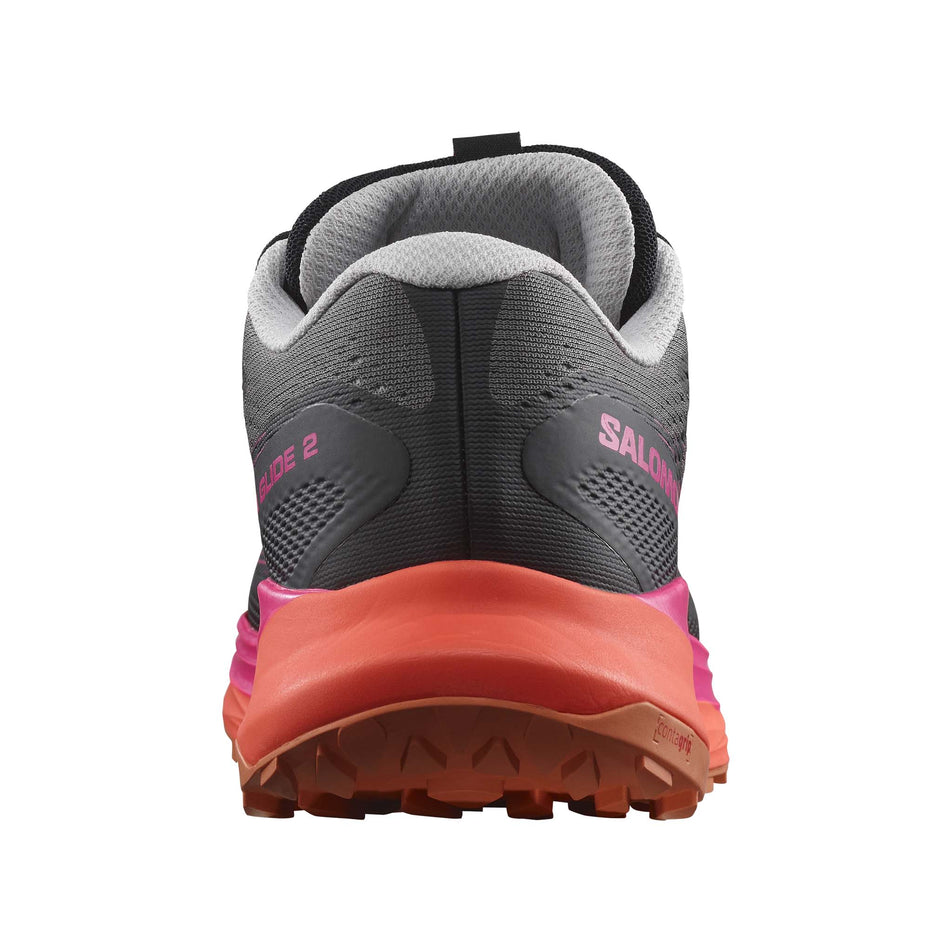 The back of the right shoe from a pair of Salomon Men's Ultra Glide 2 Running Shoes in the Plum Kitten/Black/Pink Glo colourway (7986276728994)