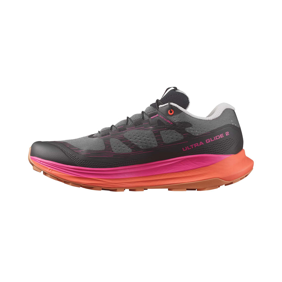 Medial side of the right shoe from a pair of Salomon Men's Ultra Glide 2 Running Shoes in the Plum Kitten/Black/Pink Glo colourway (7986276728994)