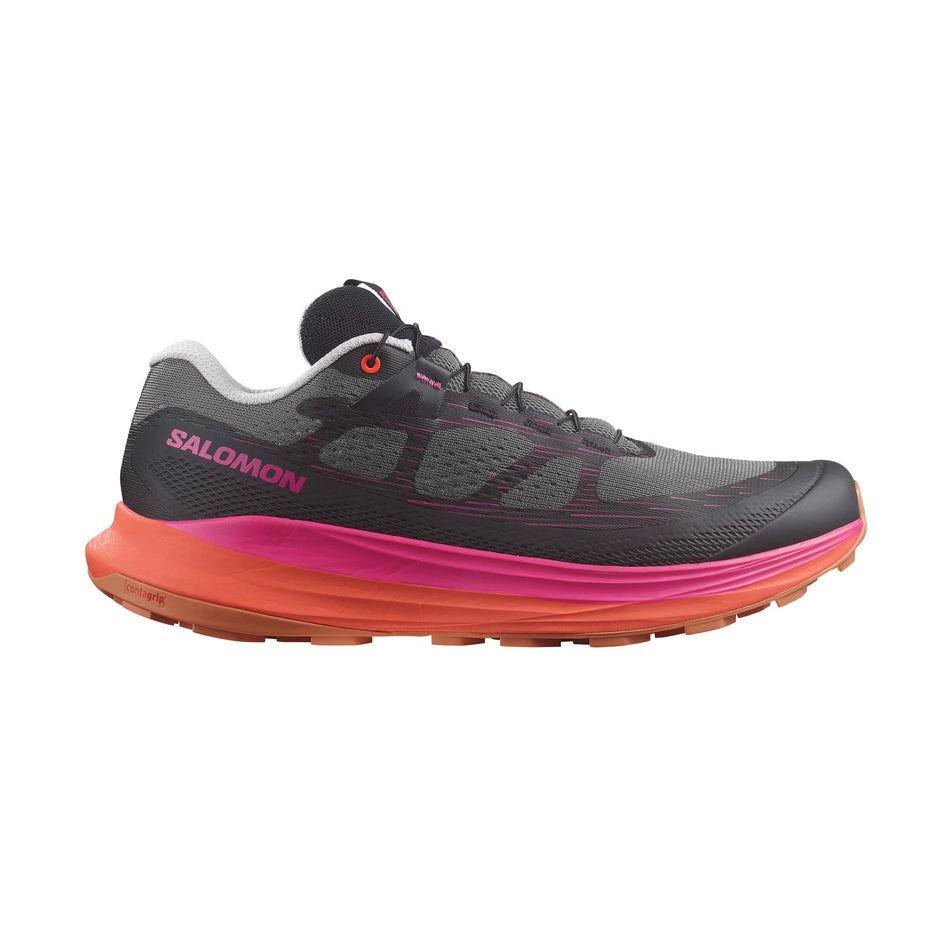 Lateral side of the right shoe from a pair of Salomon Men's Ultra Glide 2 Running Shoes in the Plum Kitten/Black/Pink Glo colourway (7986276728994)