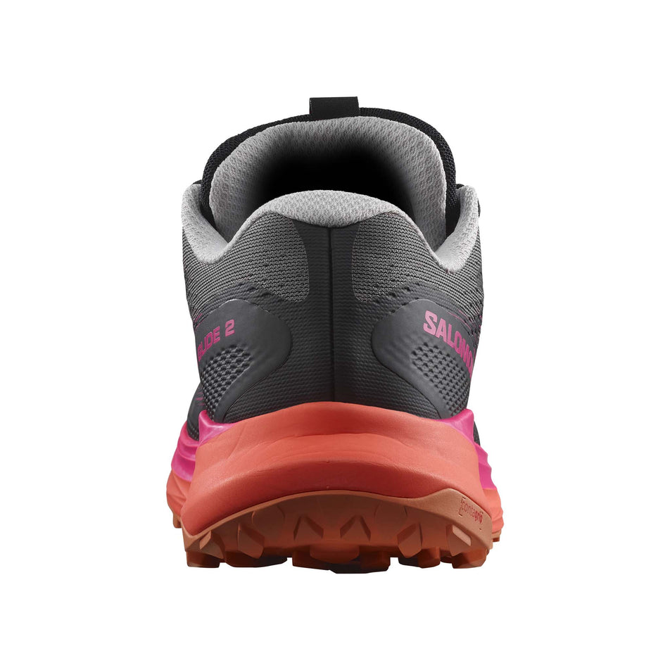 Back of the right shoe from a pair of Salomon Women's Ultra Glide 2 Running Shoes in the Plum Kitten/Black/Pink Glo colourway (7986332106914)