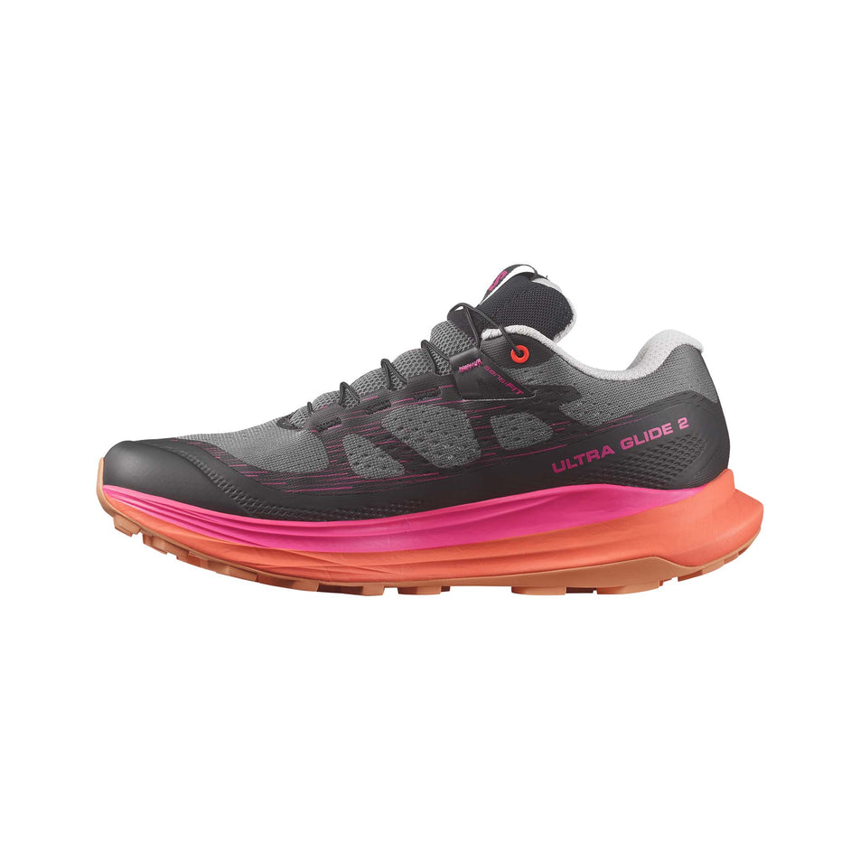 Medial side of the right shoe from a pair of Salomon Women's Ultra Glide 2 Running Shoes in the Plum Kitten/Black/Pink Glo colourway (7986332106914)