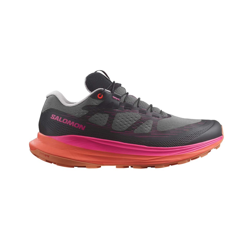 Lateral side of the right shoe from a pair of Salomon Women's Ultra Glide 2 Running Shoes in the Plum Kitten/Black/Pink Glo colourway (7986332106914)