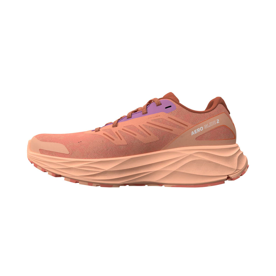 Medial side of the right shoe from a pair of Salomon Women's Aero Glide 2 Running Shoes in the Spice Route/Peach Quartz/Fresh Salmon colourway (8193571586210)