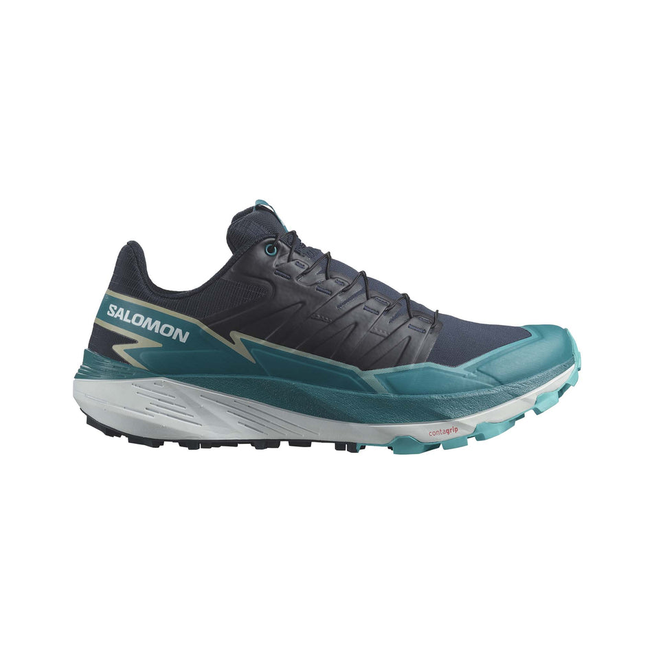 Lateral side of the right shoe from a pair of Salomon Men's Thundercross Trail Running Shoes in the Carbon/Tahitian Tide/Peacock Blue colourway (8157904699554)