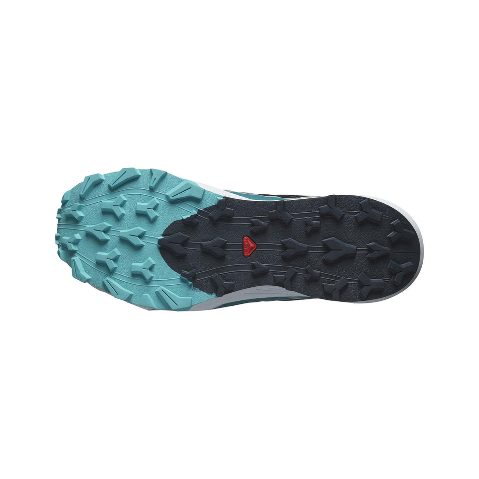 Outsole of the right shoe from a pair of Salomon Men's Thundercross Trail Running Shoes in the Carbon/Tahitian Tide/Peacock Blue colourway (8157904699554)
