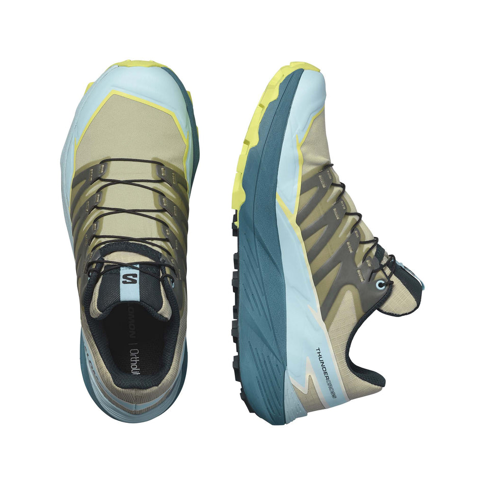 A pair of Salomon Women's Thundercross Trail Running Shoes in the Alfalfa/Tanager Turquoise/Sunny Lime colourway (8157919838370)