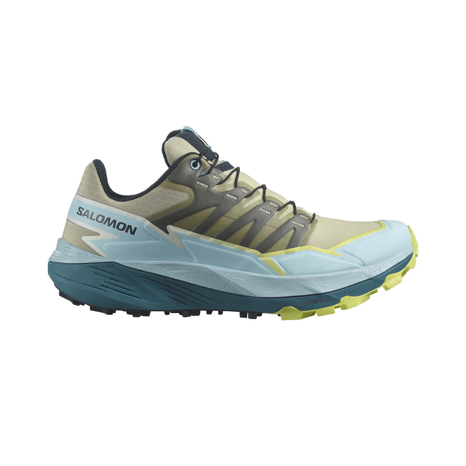 Lateral side of the right shoe from a pair of Salomon Women's Thundercross Trail Running Shoes in the Alfalfa/Tanager Turquoise/Sunny Lime colourway (8157919838370)