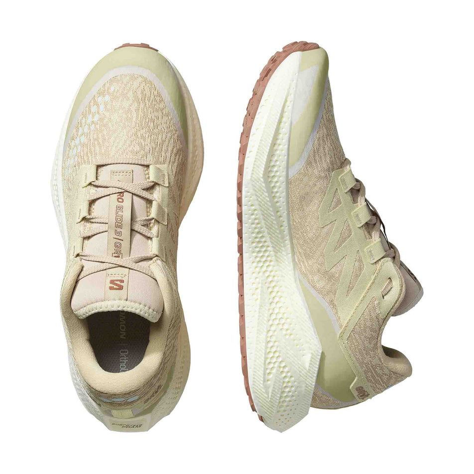 A pair of Salomon Men's Aero Glide 3 GRVL Running Shoes in the Green Haze/Vanilla Ice/Russet colourway. (8644590469282)