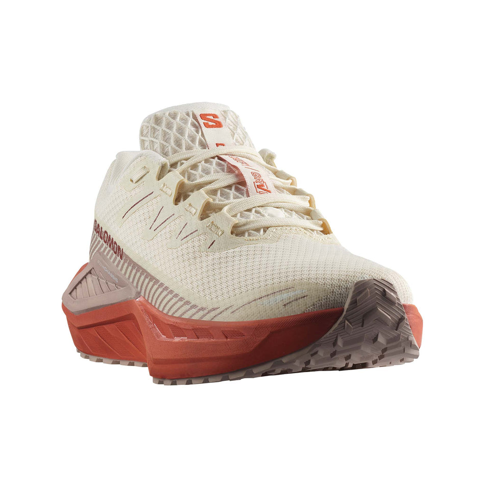 Lateral view of the right shoe from a pair of Salomon Women's DRX Defy GRVL Running Shoes in the Vanilla Ice/Burnt Ochre/Etherea colourway. (8721050861730)