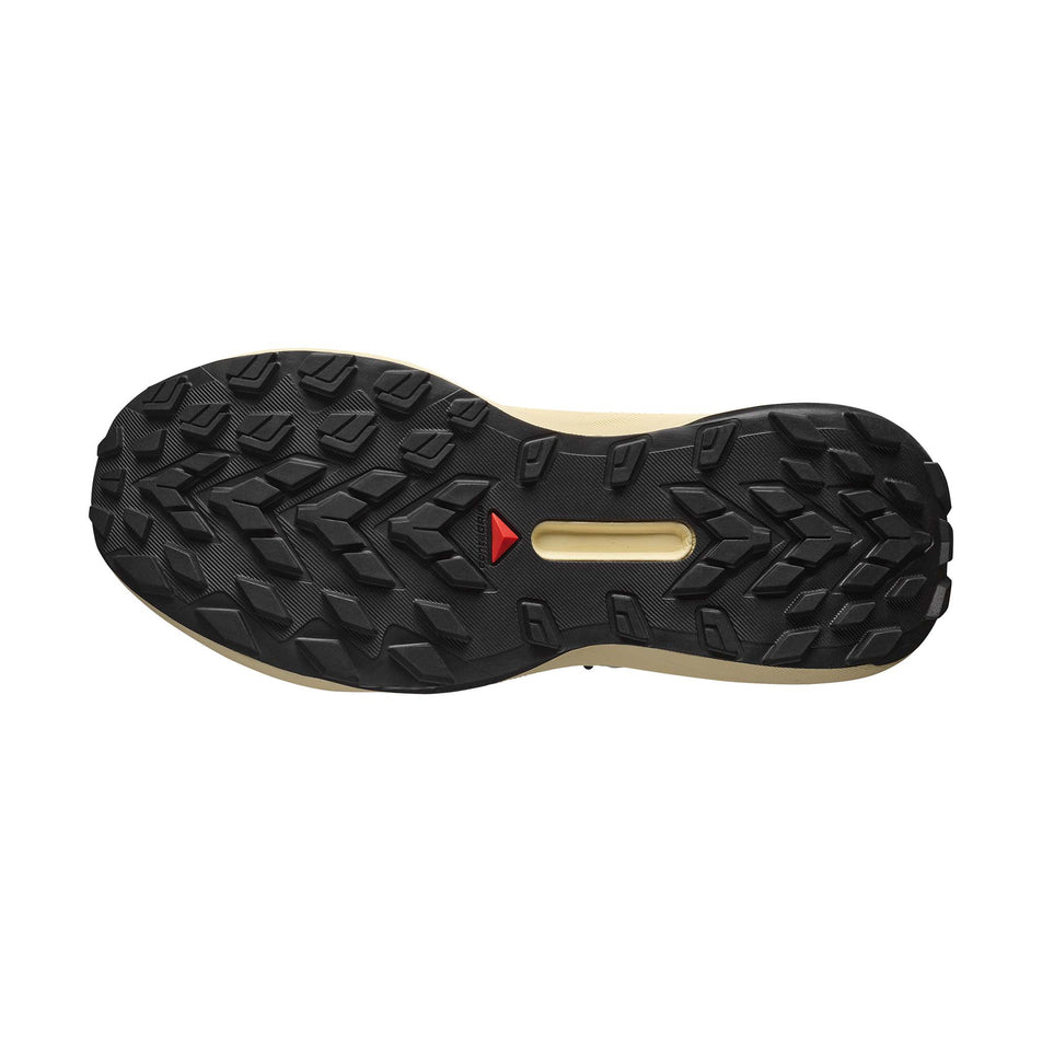 The outsole of the left shoe from a pair of Salomon Women's Genesis Running Shoes in the Transparent Yellow/Black/Willowherb colourway. (8783547826338)