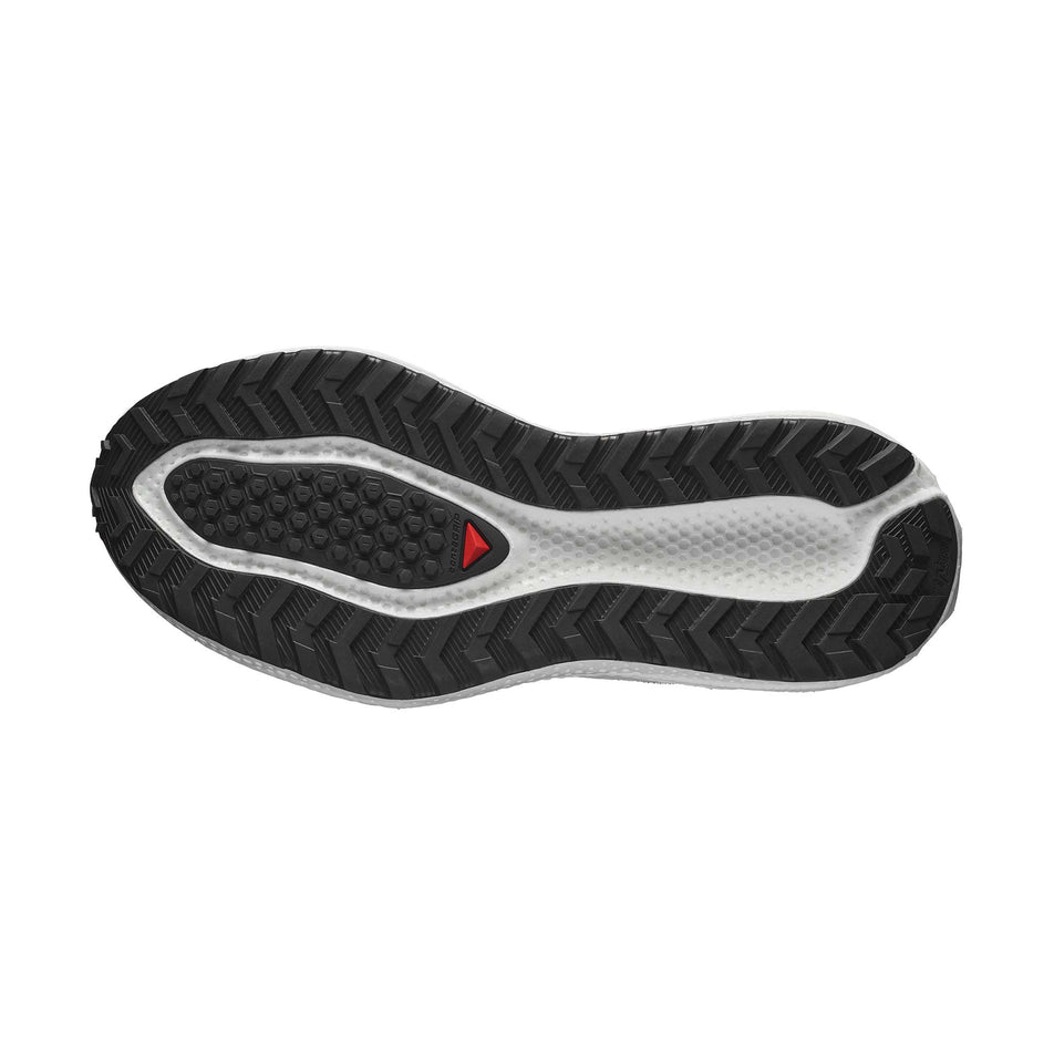 The outsole of the right shoe from a pair of Salomon Men's Aero Glide 3 GRVL Running Shoes in the White/Ftw Silver/Green Gecko colourway. (8721029300386)