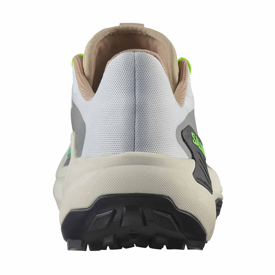 The back of the right shoe from a pair of Salomon Men's Genesis Running Shoes in the White/Oxford Tan/Green Gecko colourway. (8721027104930)