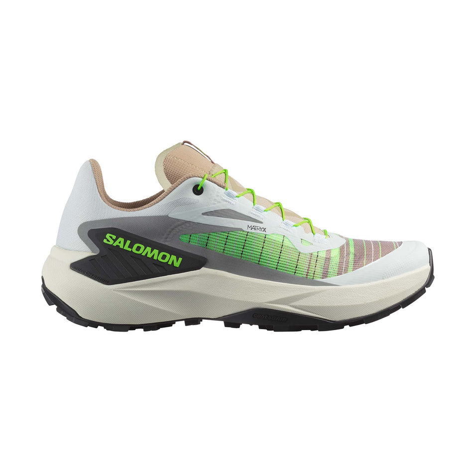 Lateral view of the right shoe from a pair of Salomon Men's Genesis Running Shoes in the White/Oxford Tan/Green Gecko colourway. (8721027104930)
