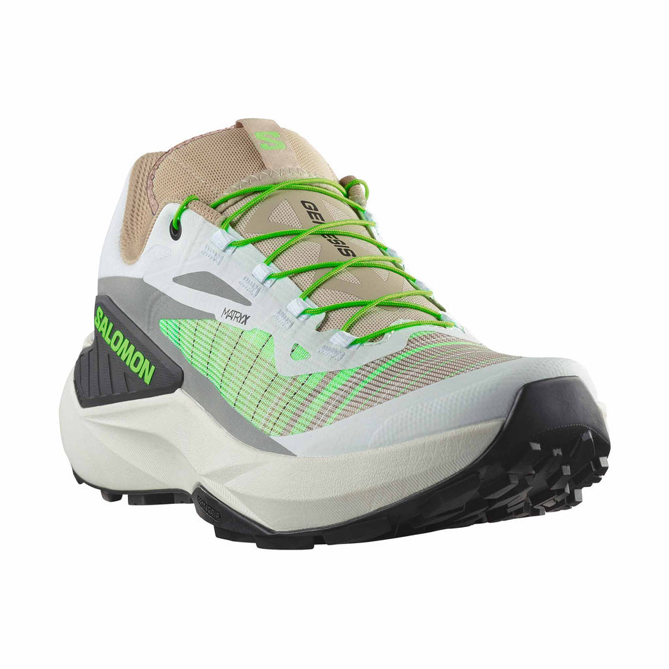 The right shoe from a pair of Salomon Men's Genesis Running Shoes in the White/Oxford Tan/Green Gecko colourway. (8721027104930)