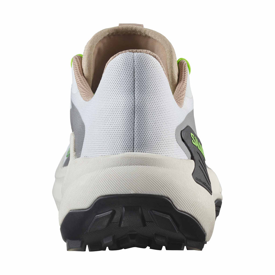 The back of the right shoe from a pair of Salomon Women's Genesis Running Shoes in the White/Oxford Tan/Green Gecko colourway. (8721038737570)
