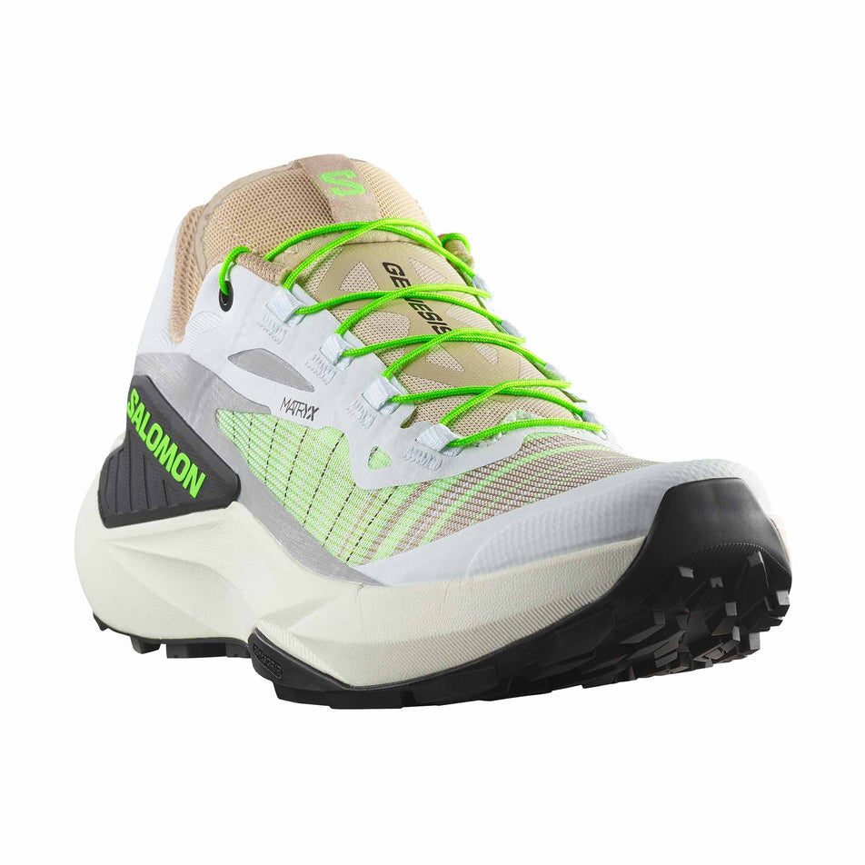 The right shoe from a pair of Salomon Women's Genesis Running Shoes in the White/Oxford Tan/Green Gecko colourway. (8721038737570)