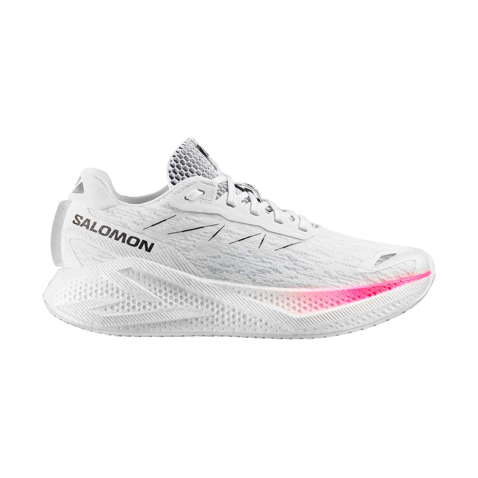 Lateral view of the right shoe from a pair of Salomon Men's Aero Glide 4 Running Shoes in the White/White/Black colourway. 