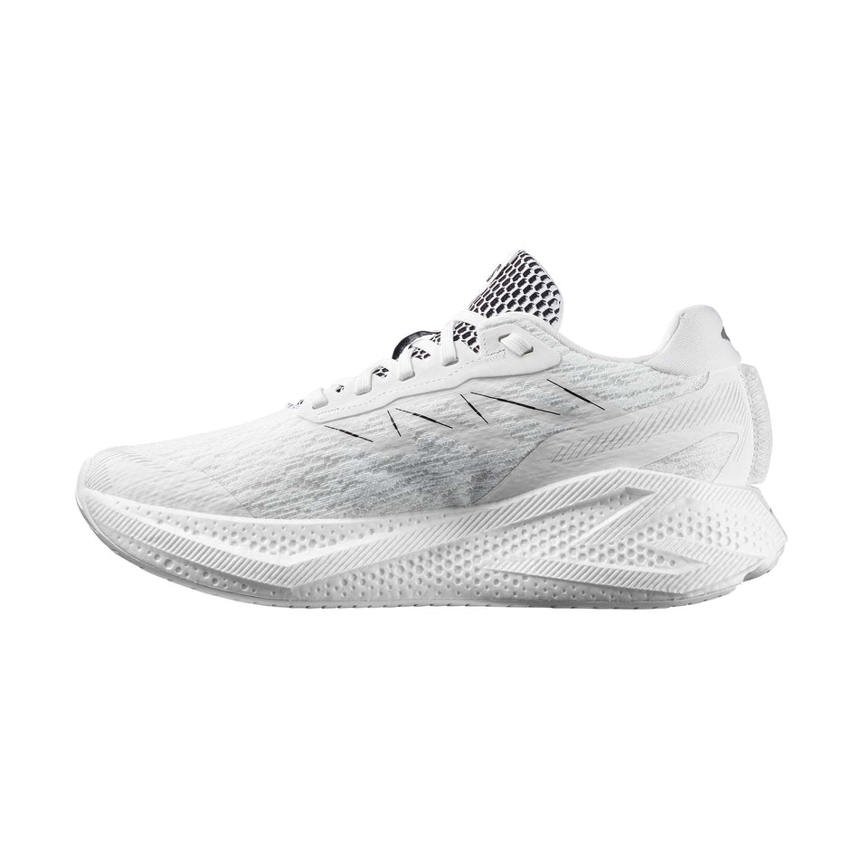 Medial view of the right shoe from a pair of Salomon Men's Aero Glide 4 Running Shoes in the White/White/Black colourway. 