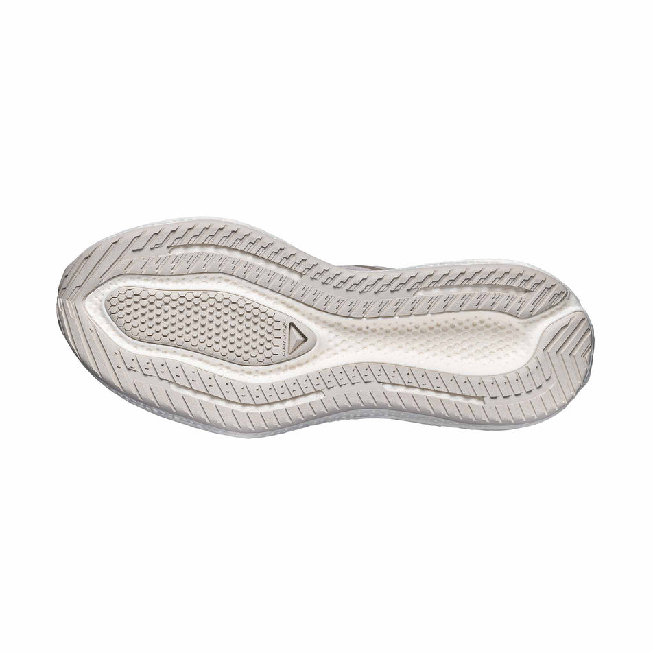 The outsole of the right shoe from a pair of Salomon Men's Aero Glide 4 Running Shoes in Silver Cloud/Silver Cloud/White colourway.