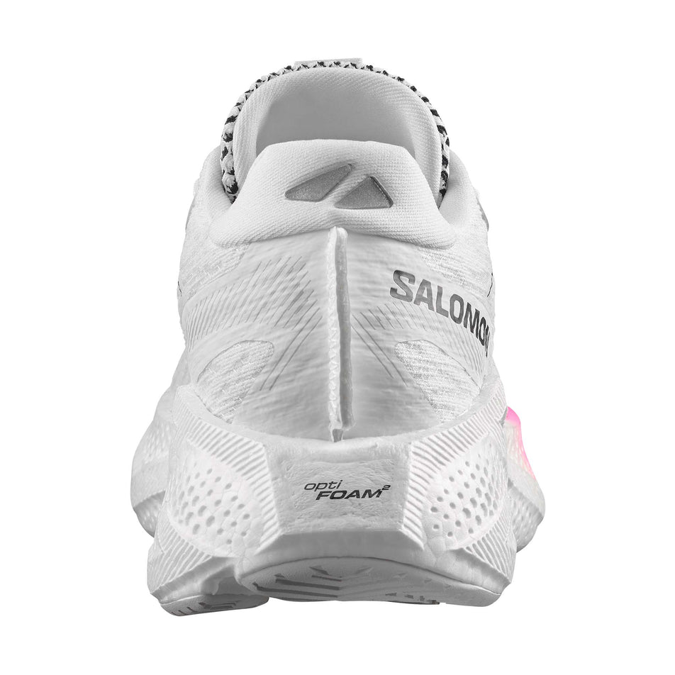 The back of the right shoe from a pair of Salomon Women's Aero Glide 4 Running Shoes in the White/White/Black colourway.