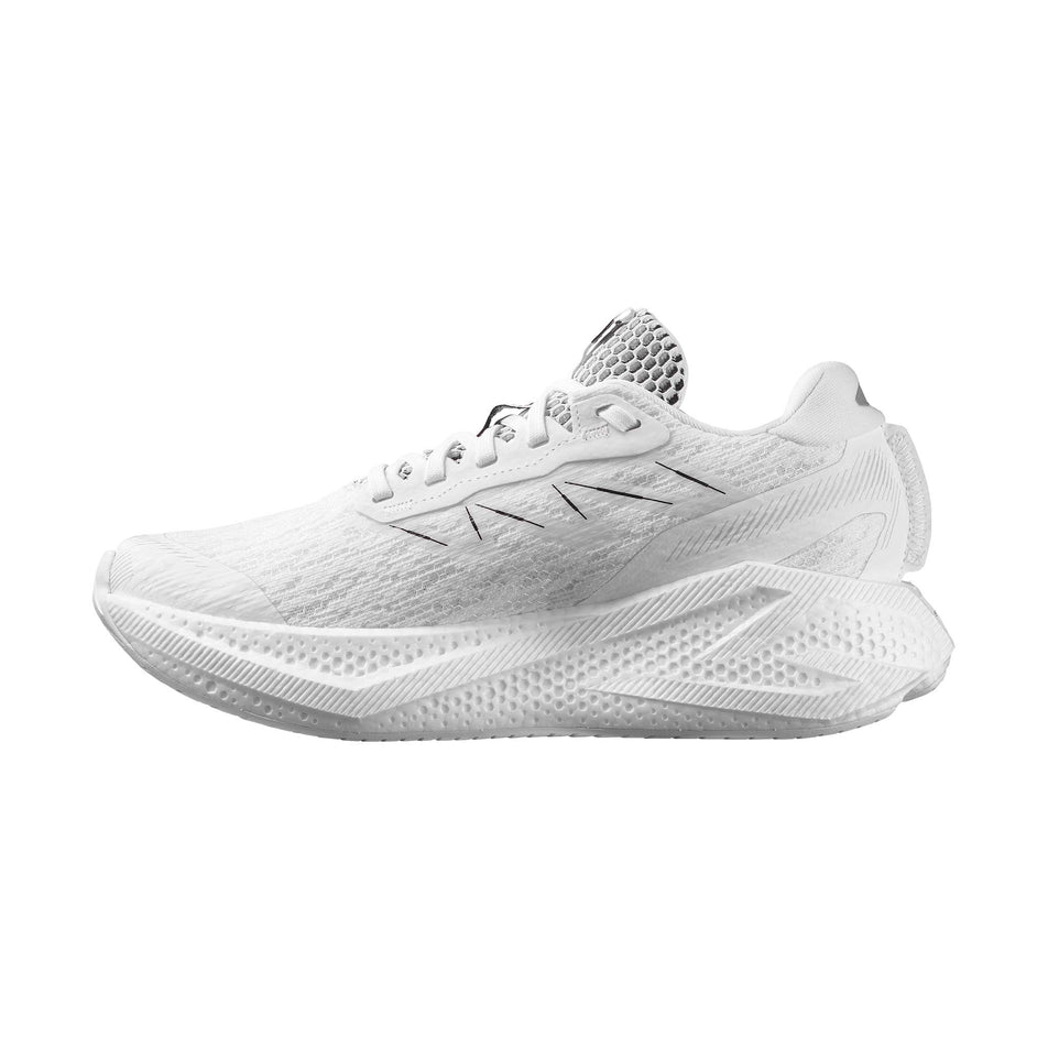 Medial view of the right shoe from a pair of Salomon Women's Aero Glide 4 Running Shoes in the White/White/Black colourway.