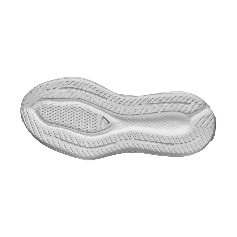The outsole of the right shoe from a pair of Salomon Women's Aero Glide 4 Running Shoes in the White/White/Black colourway.