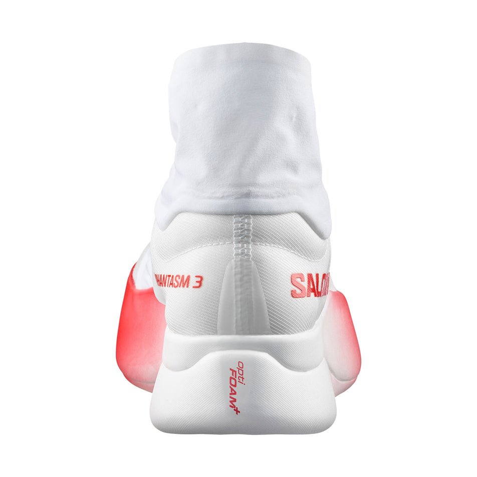 The back of the right shoe from a pair of Salomon Unisex S/LAB Phantasm 3 Running Shoes in the White/White/Fiery Red colourway.