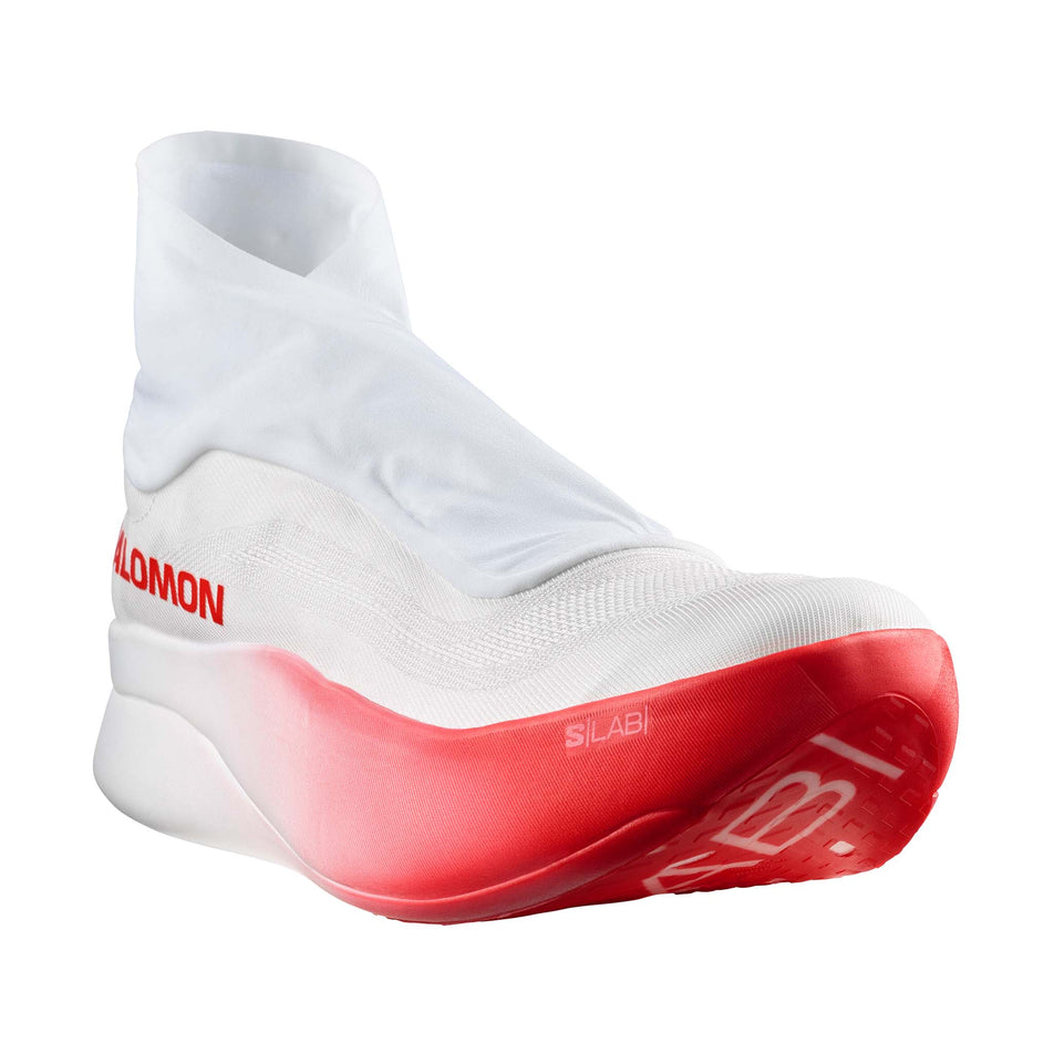 The right shoe from a pair of Salomon Unisex S/LAB Phantasm 3 Running Shoes in the White/White/Fiery Red colourway.
