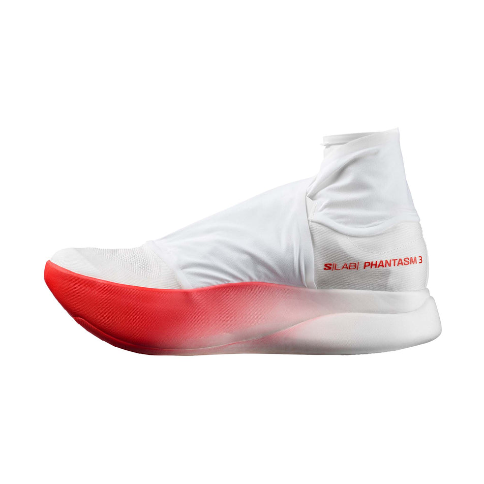 Medial view of the right shoe from a pair of Salomon Unisex S/LAB Phantasm 3 Running Shoes in the White/White/Fiery Red colourway.