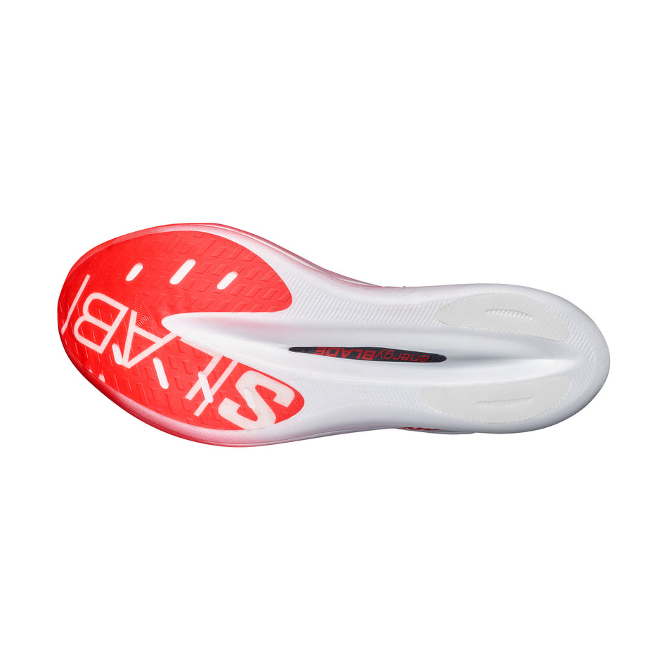 The outsole of the right shoe from a pair of Salomon Unisex S/LAB Phantasm 3 Running Shoes in the White/White/Fiery Red colourway.