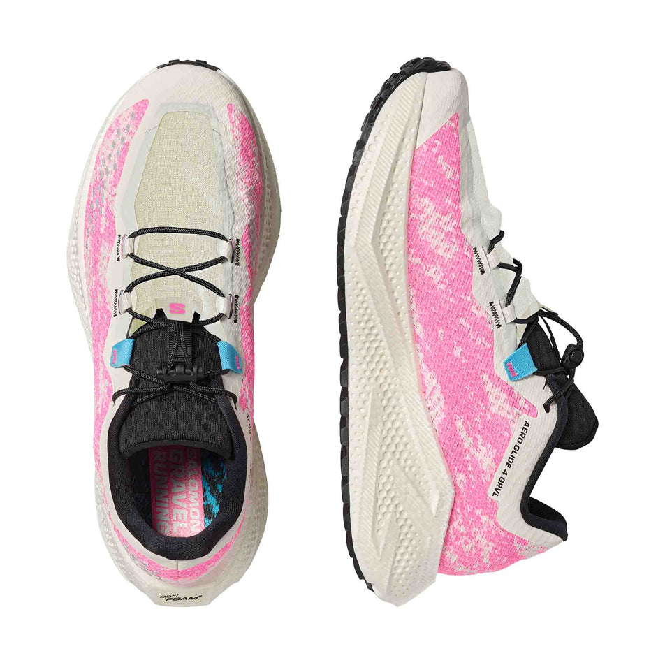 A pair of Salomon Men's Aero Glide 4 GRVL Running Shoes in the Vanilla Ice/Knockout Pink/Black colourway.
