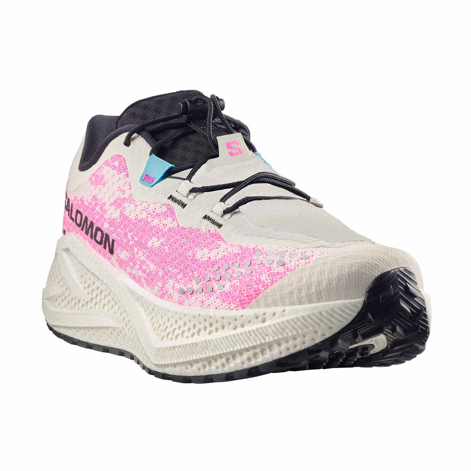 Lateral view of the right shoe from a pair of Salomon Men's Aero Glide 4 GRVL Running Shoes in the Vanilla Ice/Knockout Pink/Black colourway.