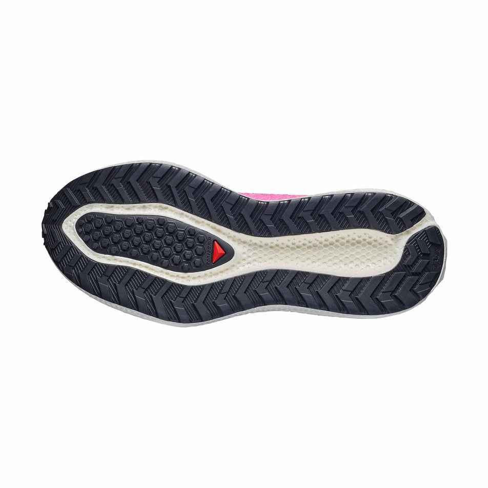The outsole of the right shoe from a pair of Salomon Men's Aero Glide 4 GRVL Running Shoes in the Vanilla Ice/Knockout Pink/Black colourway.