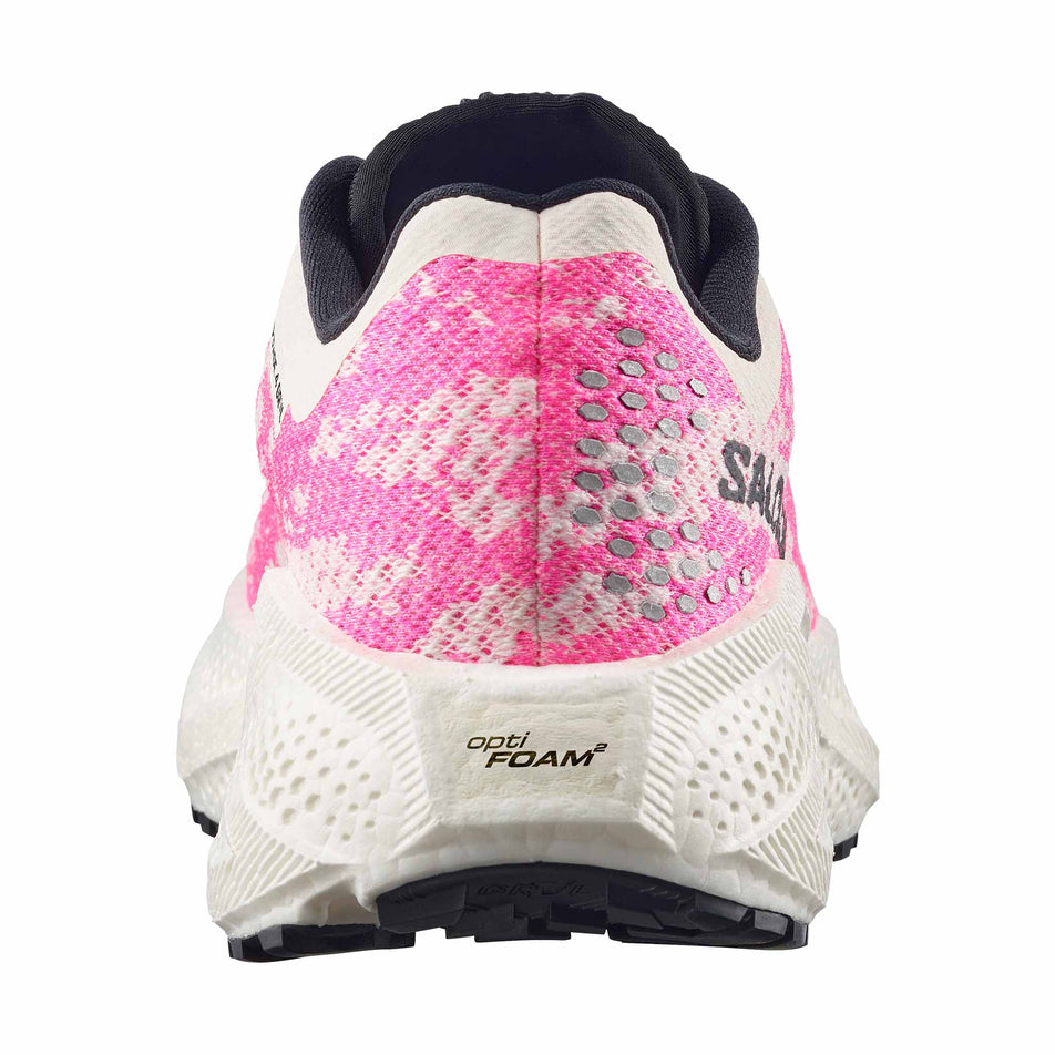 The back of the right shoe from a pair of Salomon Women's Aero Glide 4 GRVL Running Shoes in the Vanilla Ice/Knockout Pink/Black colourway.