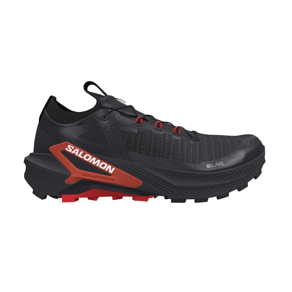 Lateral view of the right shoe from a pair of Salomon Unisex S/Lab Genesis 2 Trail Running Shoes in the Black/Black colourway.