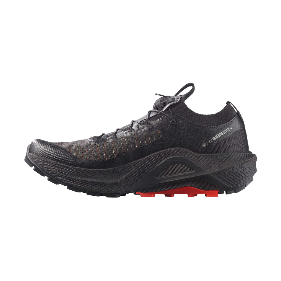 Medial view of the right shoe from a pair of Salomon Unisex S/Lab Genesis 2 Trail Running Shoes in the Black/Black colourway.