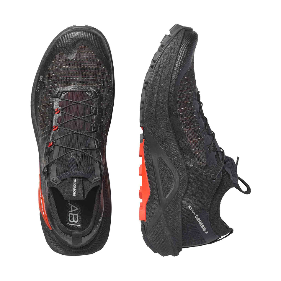 A pair of Salomon Unisex S/Lab Genesis 2 Trail Running Shoes in the Black/Black colourway.