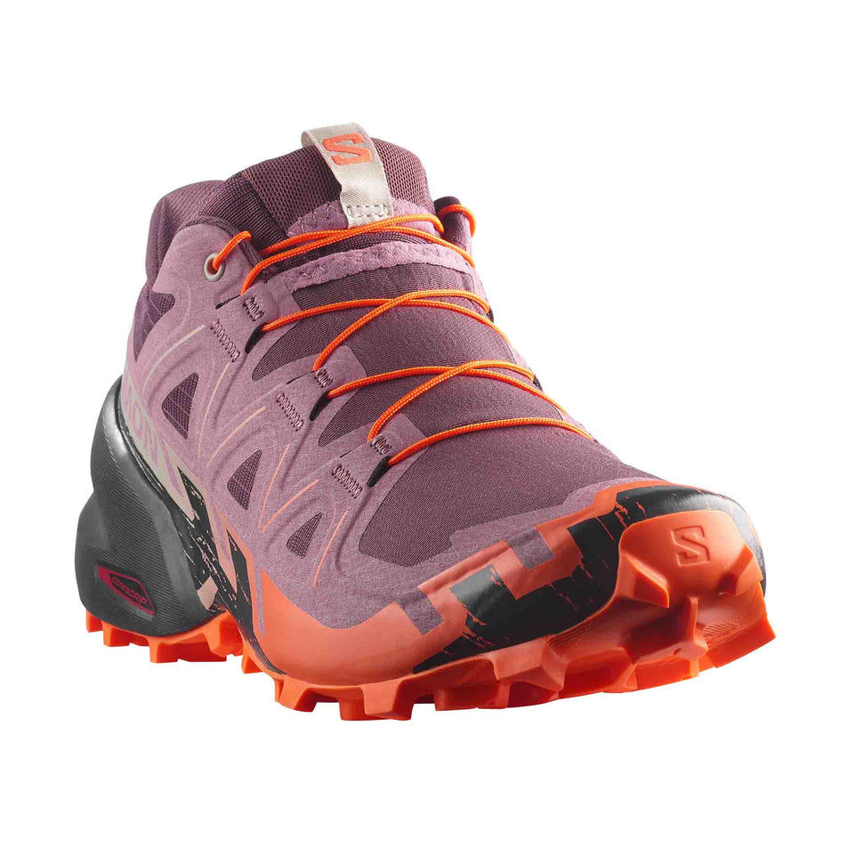 Lateral view of the right shoe from a pair of Salomon Women's Speedcross 6 Trail Running Shoes in the Huckleberry/Dusky Orchid colourway.