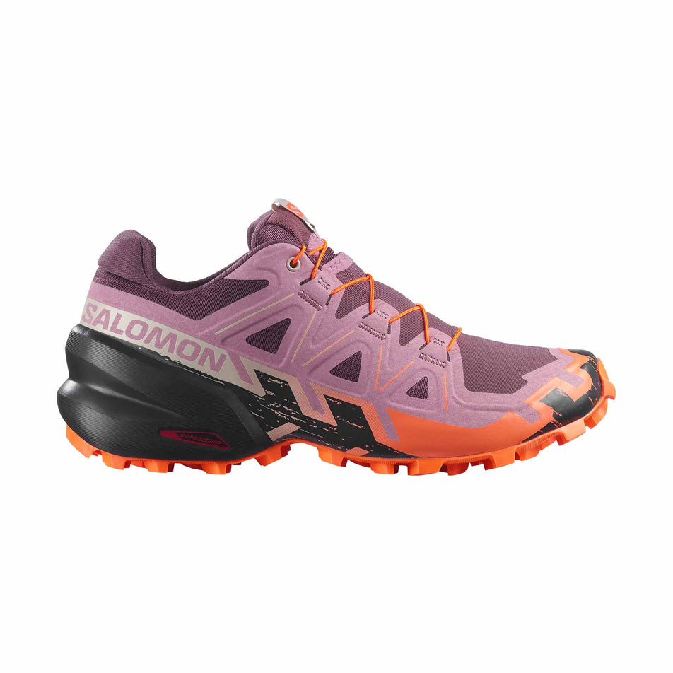 Lateral view of the right shoe from a pair of Salomon Women's Speedcross 6 Trail Running Shoes in the Huckleberry/Dusky Orchid colourway.