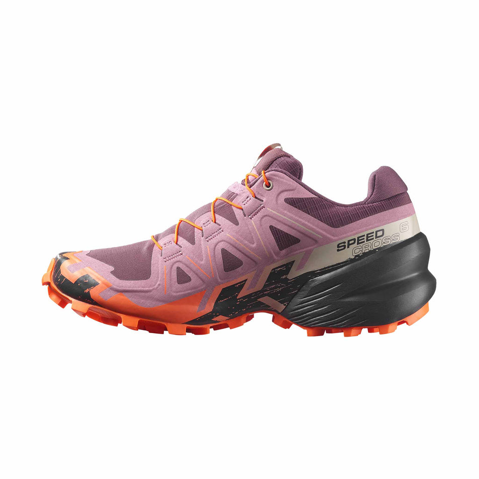 Medial view of the right shoe from a pair of Salomon Women's Speedcross 6 Trail Running Shoes in the Huckleberry/Dusky Orchid colourway.