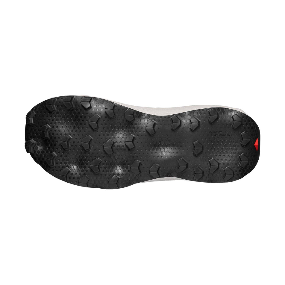 The outsole of the right shoe from a pair of Salomon Men's Ultra Glide 4 Running Shoes in the Fiery Red/Vanilla Ice/Black colourway.